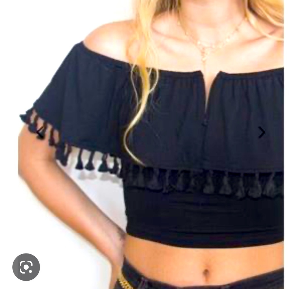 Eastnwest label off the shoulder black fringe top